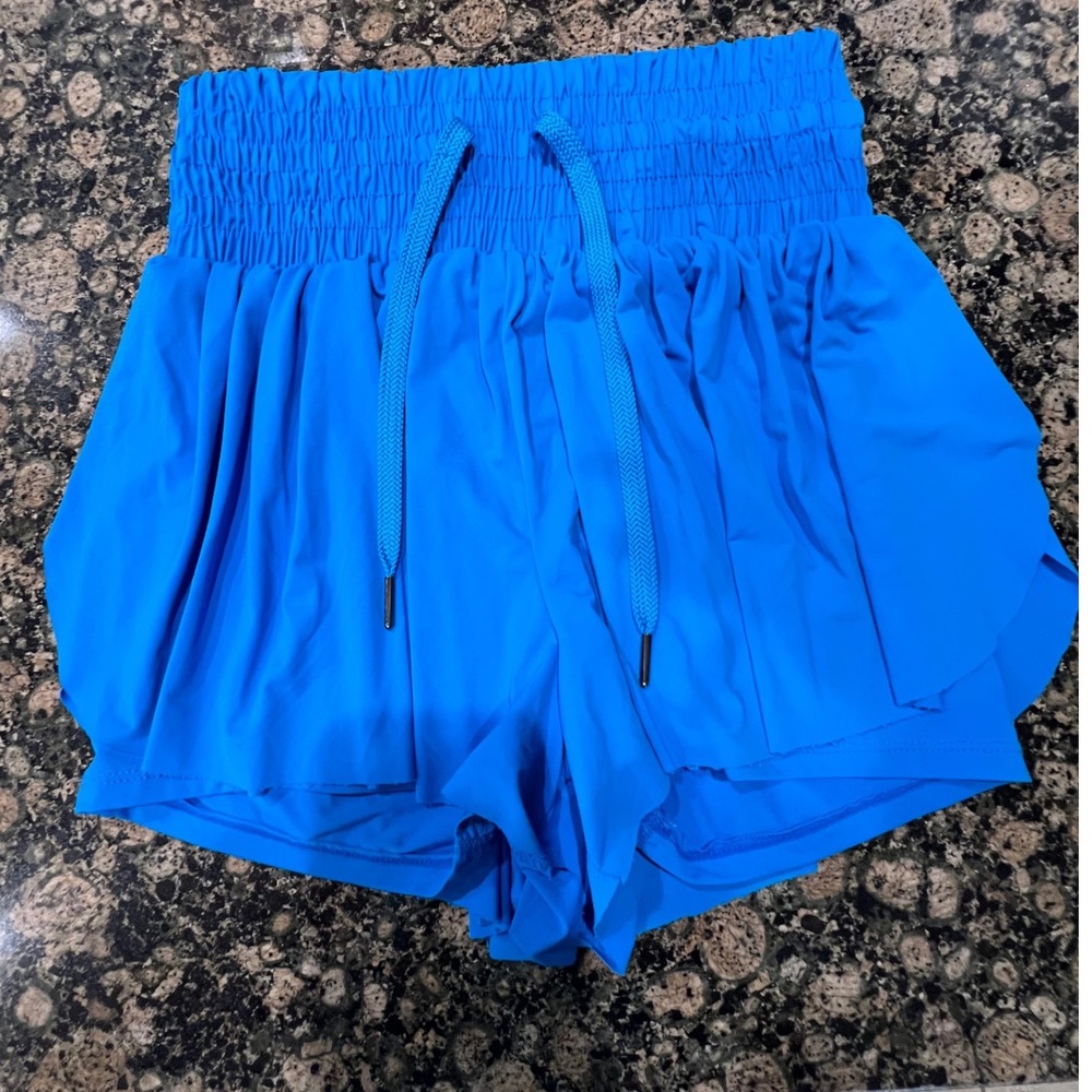 Blue High Waisted Smocked Athletic Shorts with Built-in Liner Small
